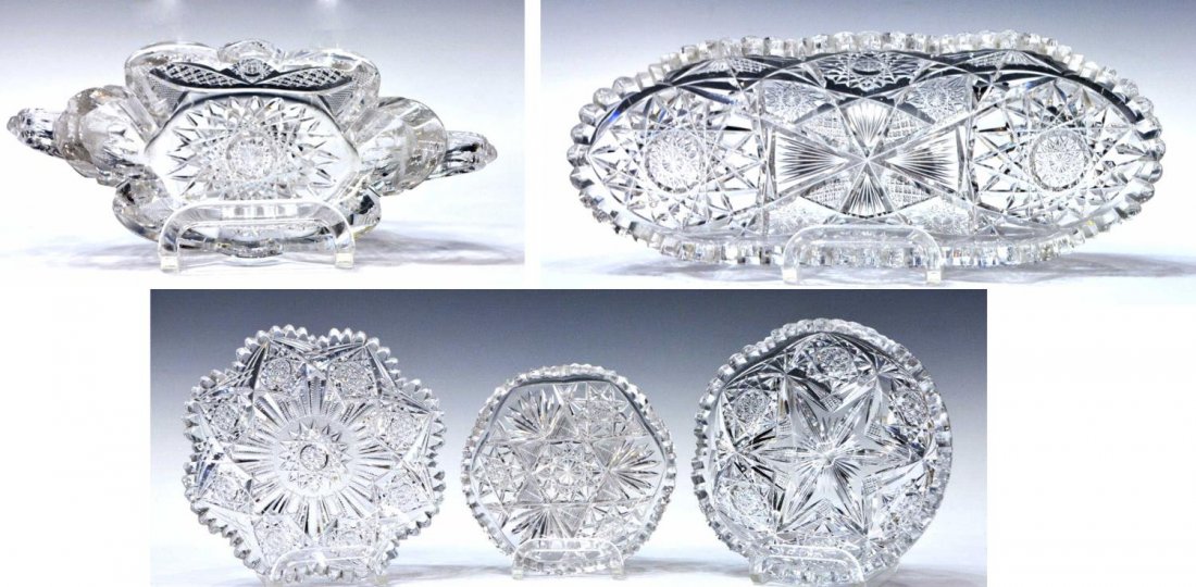 (5) AMERICAN BRILLIANT PERIOD CUT GLASS , SIGNED: (lot of 5) American Brilliant Period cut glass table and cabinet items, varied hobstar and diamond patterns, each having scalloped rims, including: (1) J. Hoare and Company plate, makers mark to cente