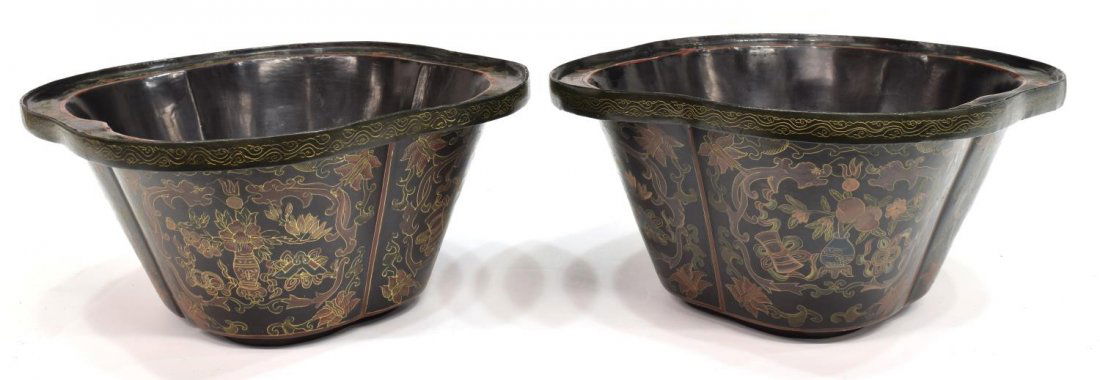 (2) CHINESE PAPER MACHE LACQUER BOWLS / PLANTERS (1 of 5)