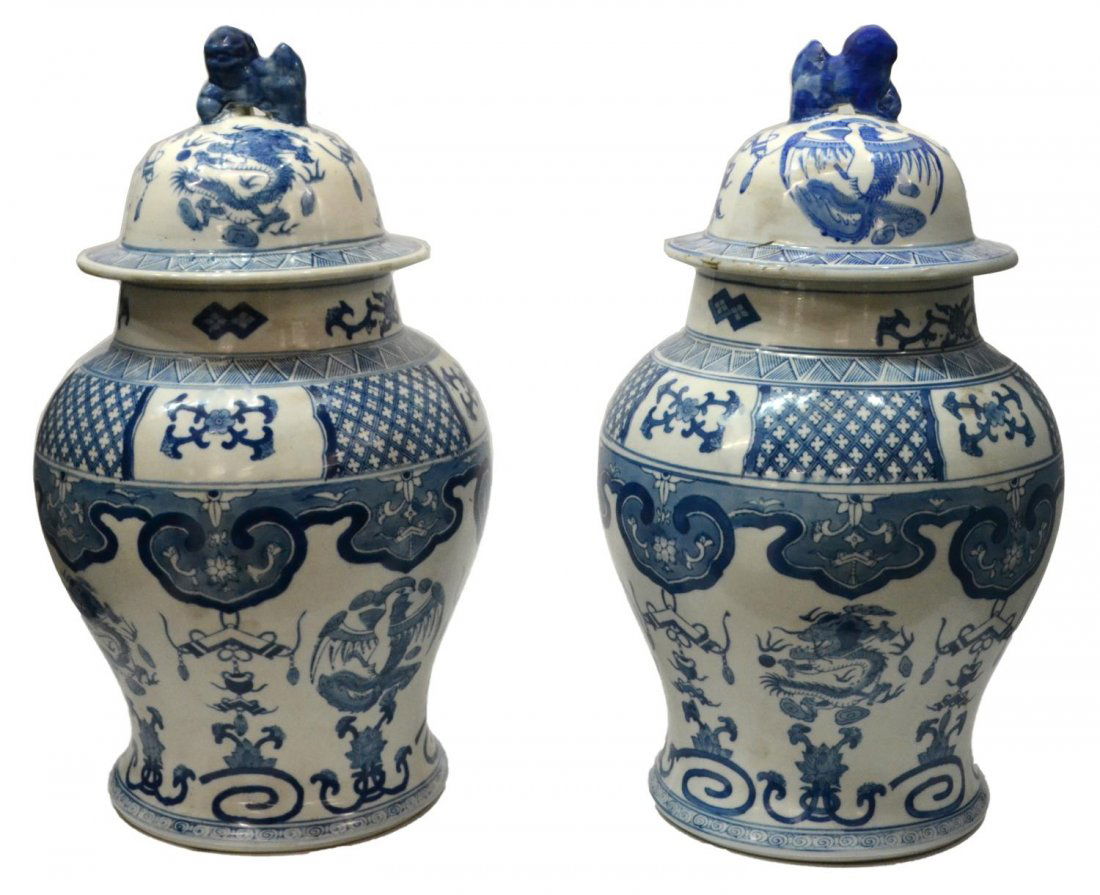 (2) CHINESE UNDERGLAZE BLUE PORCELAIN TEMPLE JARS (1 of 5)