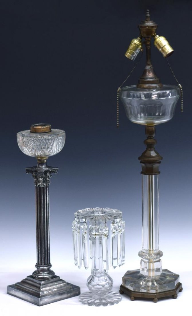 (3) ANTIQUE GLASS CANDLESTICK & OIL TABLE LAMPS (1 of 5)