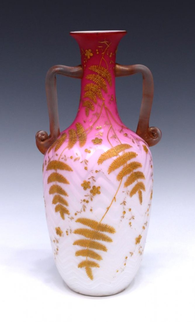 WEBB (ATTRIB) PINK GILDED FERN ART GLASS VASE (1 of 7)