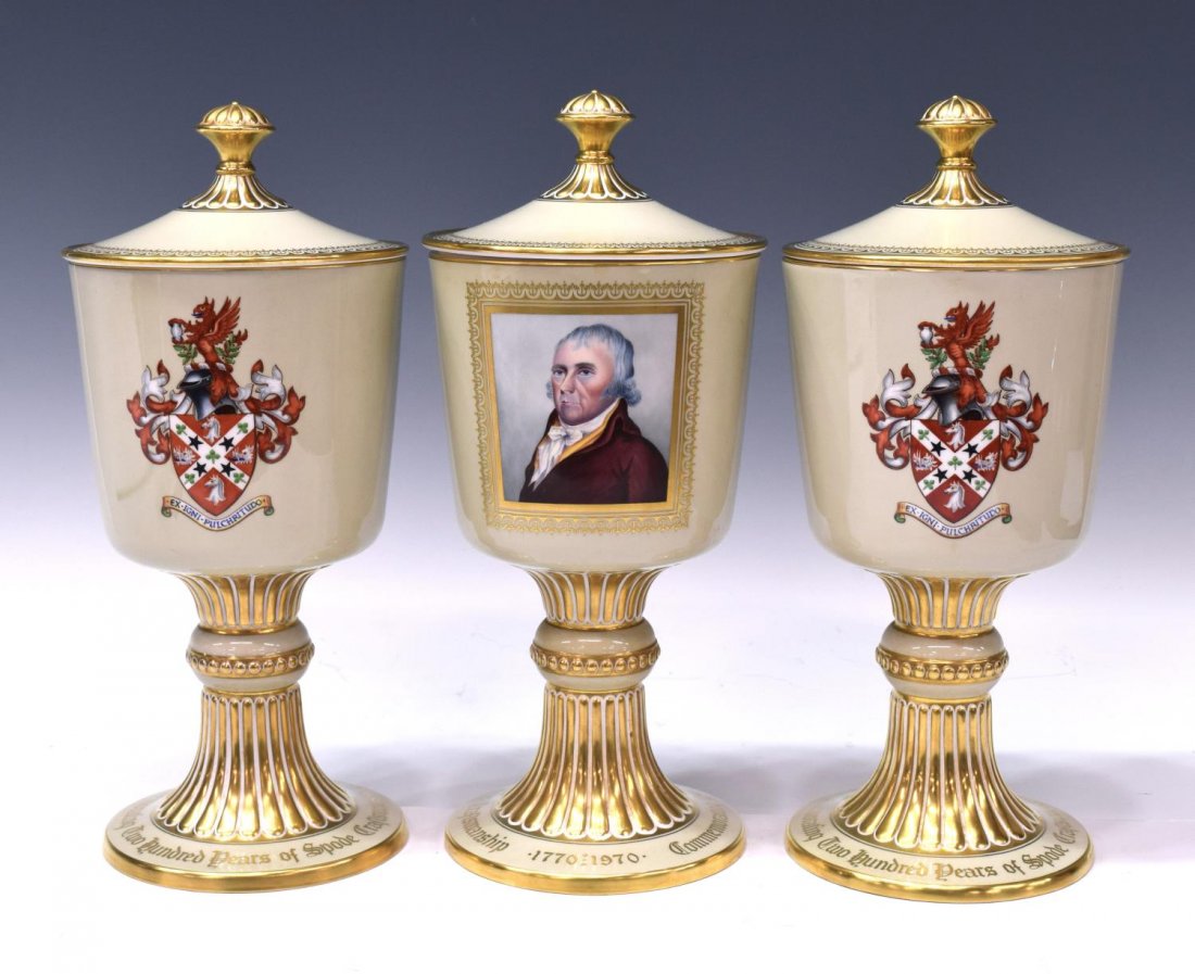 (3) SPODE COMMEMORATIVE PARCEL GILT PORCELAIN URNS: (lot of 3) Spode lidded parcel gilt porcelain urns, "Commemorating 200 Years of Spode's Craftsmanship", 12.5"h, 6lbs total Start Price: $30.00
