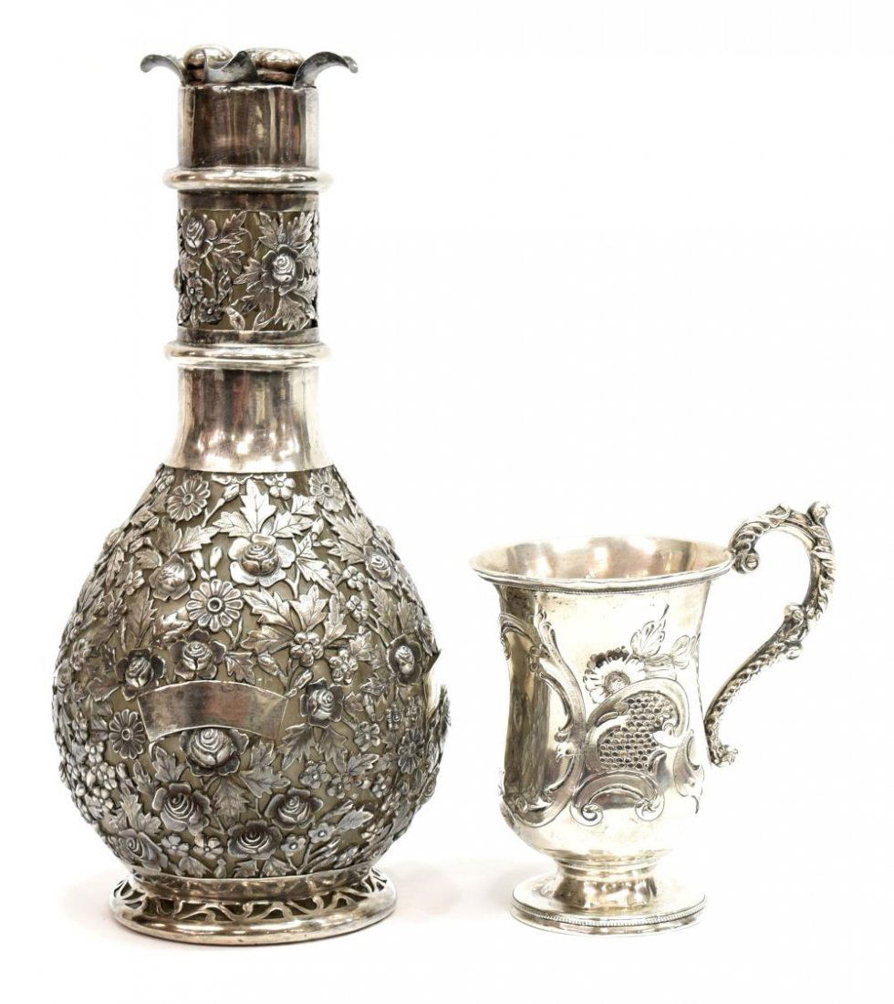 FRENCH STERLING OVERLAY DECANTER & SILVER MUG (1 of 6)