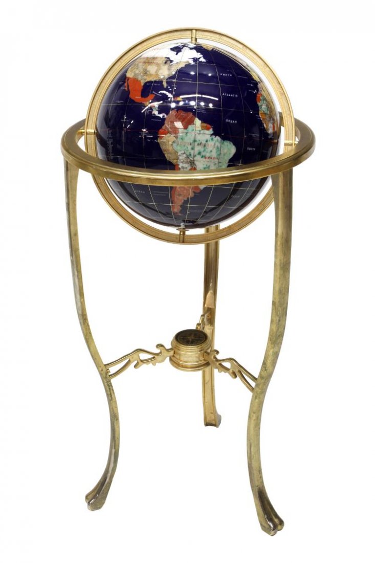 CONTEMPORARY INLAID STONE GLOBE ON BRASS STAND (1 of 4)