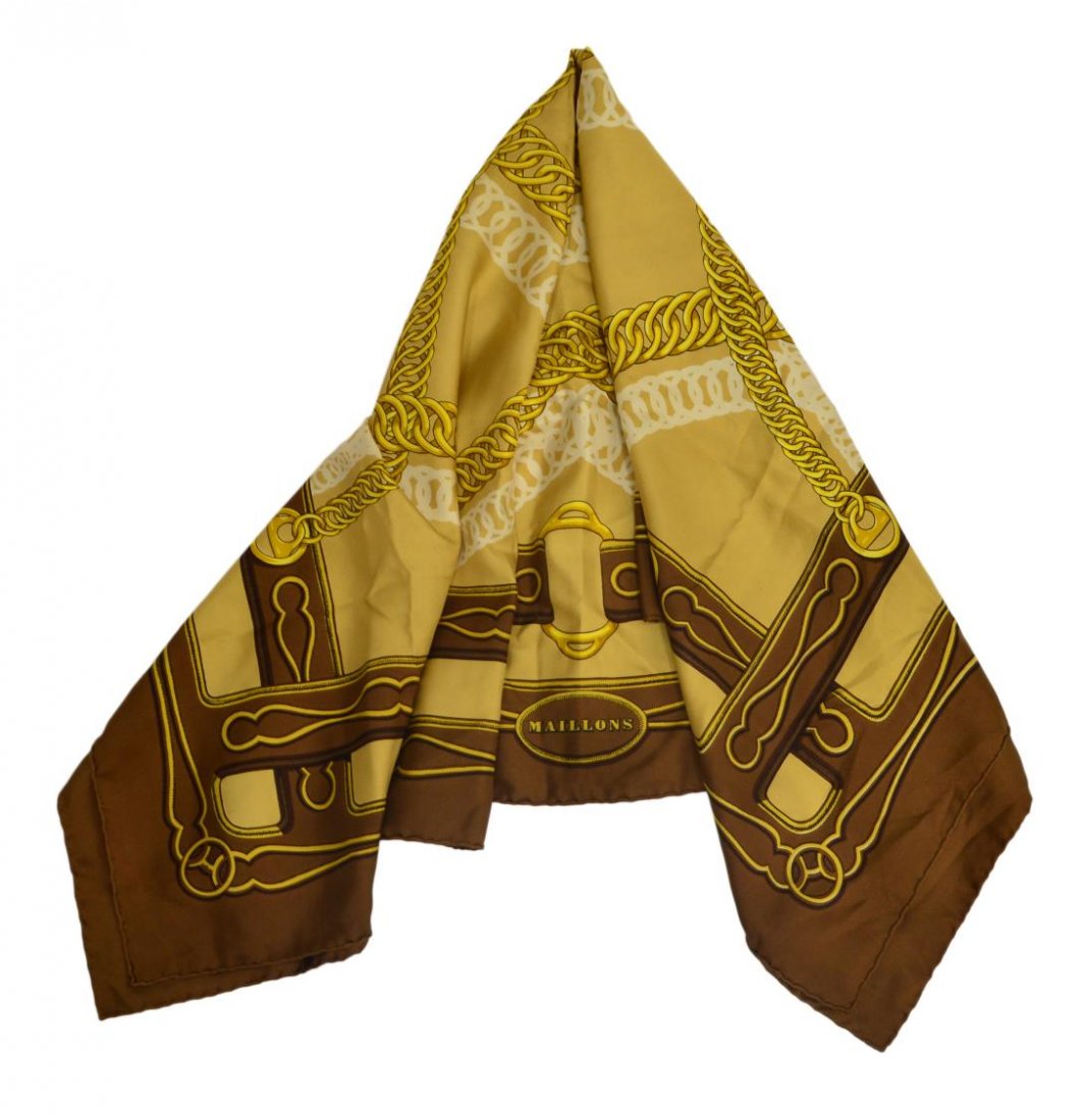 HERMES BROWN AND GOLD MAILLONS SILK SCARF (1 of 6)
