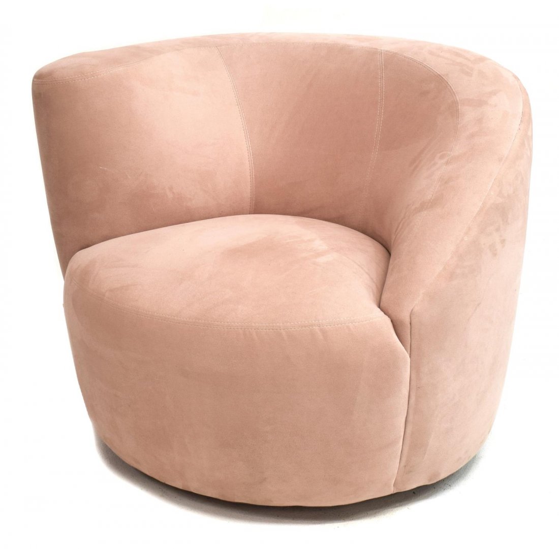 VLADIMIR KAGAN NAUTILUS SWIVEL ARM CHAIR: German "Nautilus" swivel arm chair, 20th c., design by Vladimir Kagan (German, b.1927), pink fabric upholstery, approx 29"h, 36"w, 34"d Start Price: $150.00