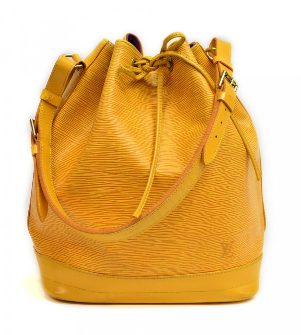 LOUIS VUITTON YELLOW EPI NOE GM DRAWSTRING BAG: Louis Vuitton "Noe GM" drawstring bucket shoulder bag in yellow Epi leather, purple interior lining, wear to base and strap, bag: 13.5"h, 11"w, 1.5lbs Start Price: $300.00