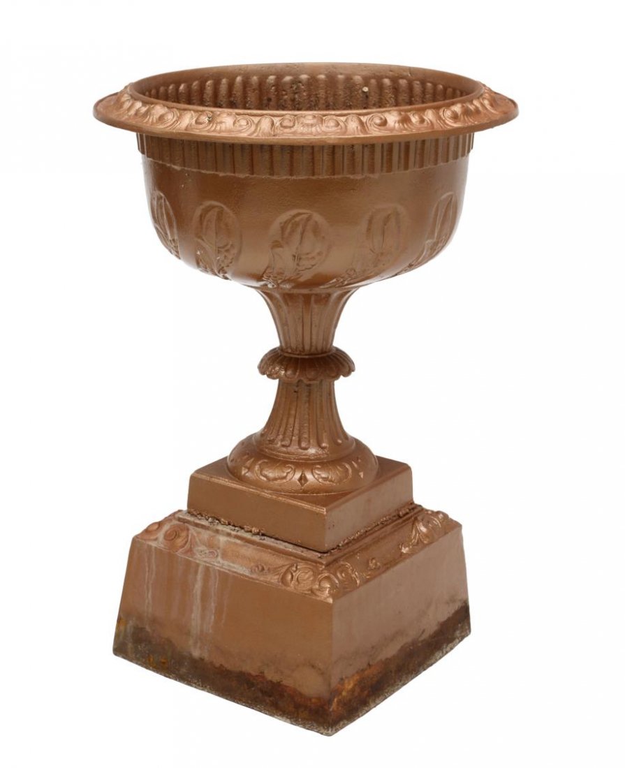 LARGE CAST IRON URN FORM PLANTER ON PEDESTAL (1 of 3)