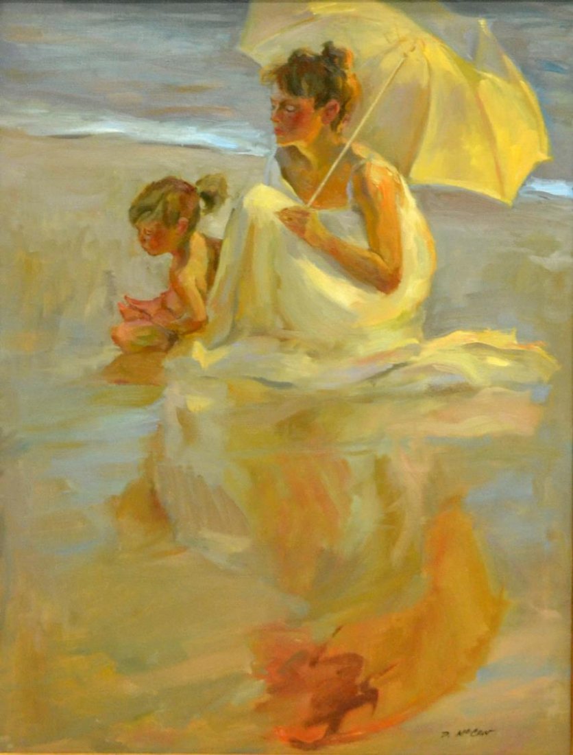 D. McCAW (B. 1942), OIL PAINTING, BEACH SCENE: Framed oil painting on canvas, "A Time to Remember",signed lower right D. McCaw (Dan McCaw, Montana, California, b. 1942), titled at verso, sight: 39.5"h, 29.5"w, overall: 48.5"h, 38.75"w, 19.5lbs