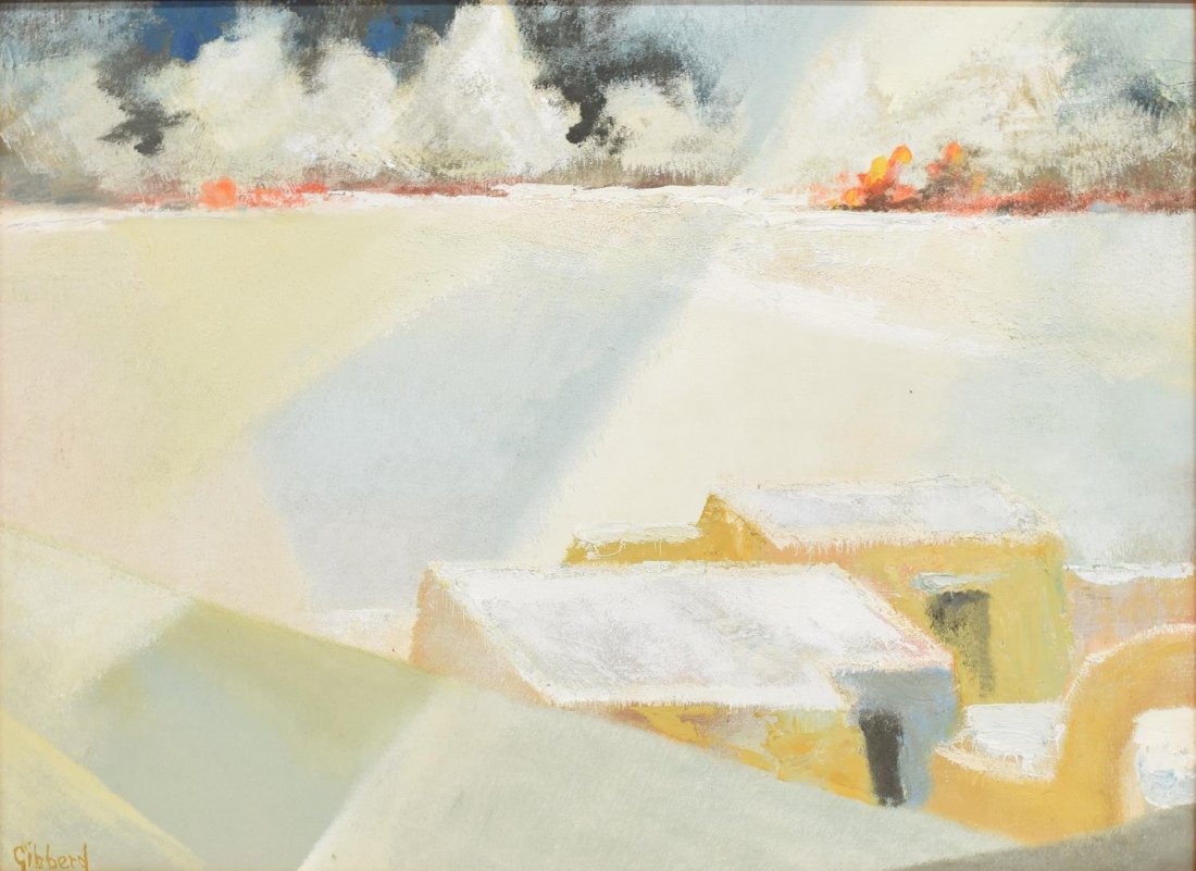 ERIC WATERS GIBBERD (1897-1972) TAOS SNOW, CUBIST: Framed oil painting on masonite, "The Spring Snow", signed lower left Gibberd (Eric Waters Gibberd, 1897-1972), verso with title, signature, 'Taos-N.M., 1961, sight: 22.25"h, 31"w, overall: 27,75"h, 3