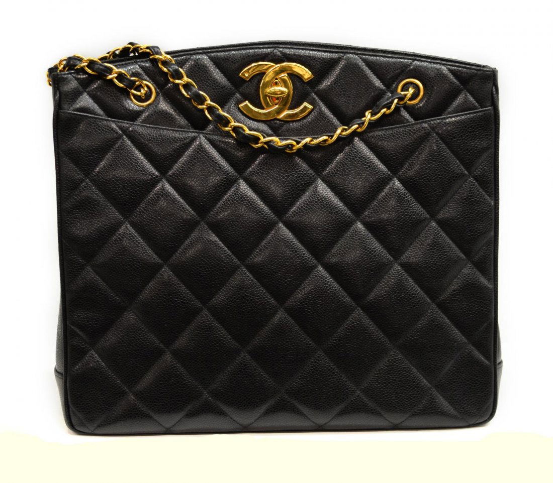 CHANEL BLACK QUILTED GRAINED LEATHER SHOULDER BAG: Chanel shoulder bag in black quilted leather and gold tone hardware, black leather interior with two side zipper pockets, CC logo turn lock closure, double gold chain straps with interwoven leather, m