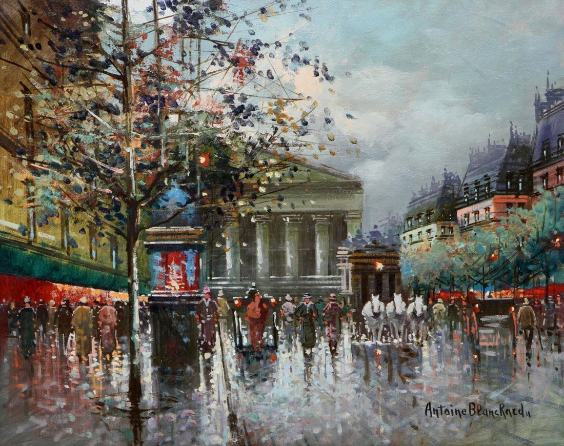 ANTOINE BLANCHARD (1910-1988), LA MADELINE, PARIS: Framed oil painting on canvas, La Madeline, signed lower right Antoine Blanchard (b. Marcel Masson, France, 1910-1988), sight: 15.5"h, 19.5"w, overall: 27"h, 31"w, 12.25lbs Start Price: $1500.00