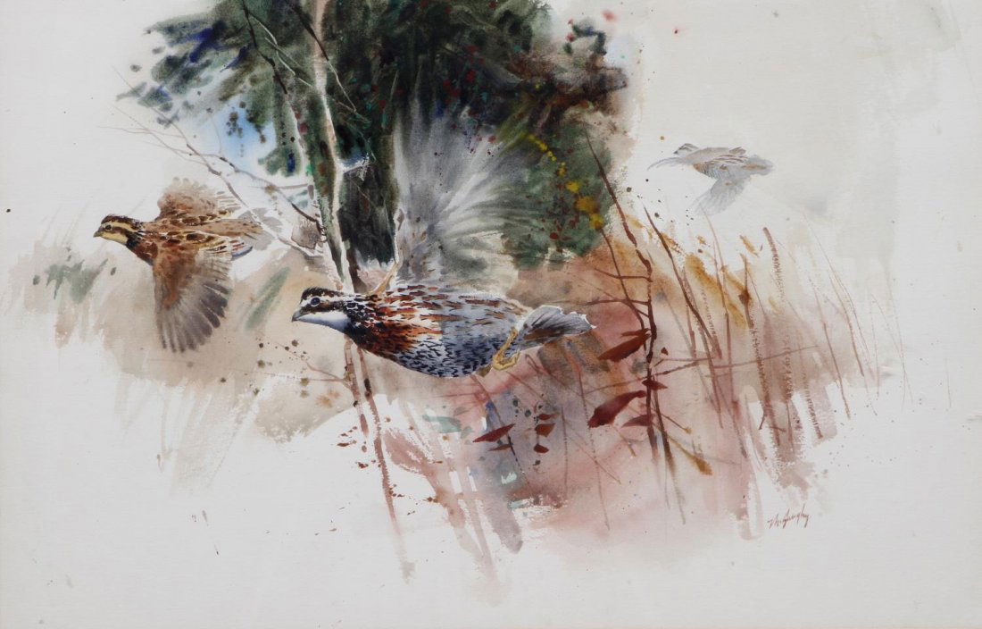 CLAY McGAUGHY (B. 1931), QUAIL FLYING WATERCOLOR (1 of 4)