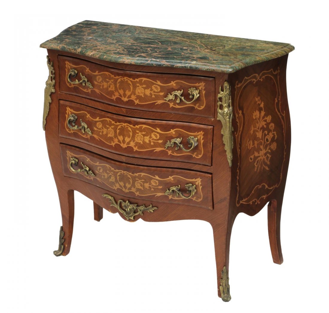 CONTINENTAL INLAID MARBLE TOP BOMBE CHEST (1 of 2)