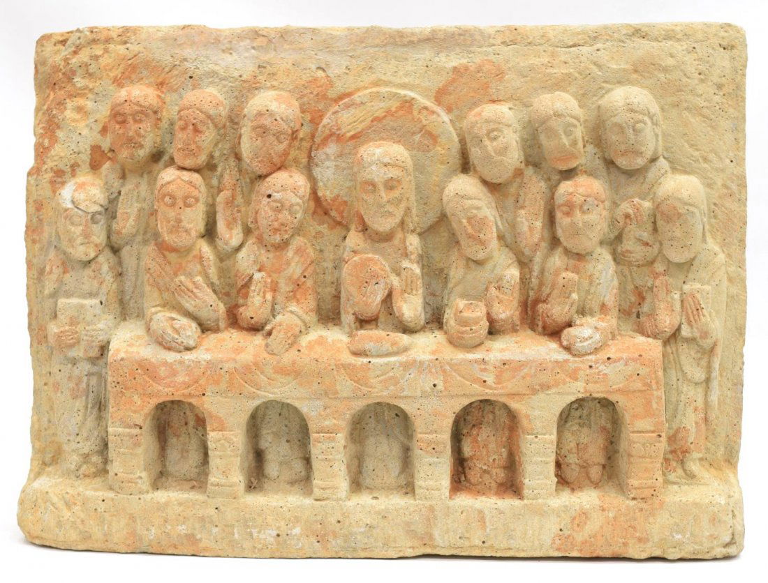 ROMANESQUE CARVED STONE TABLET, THE LAST SUPPER (1 of 4)