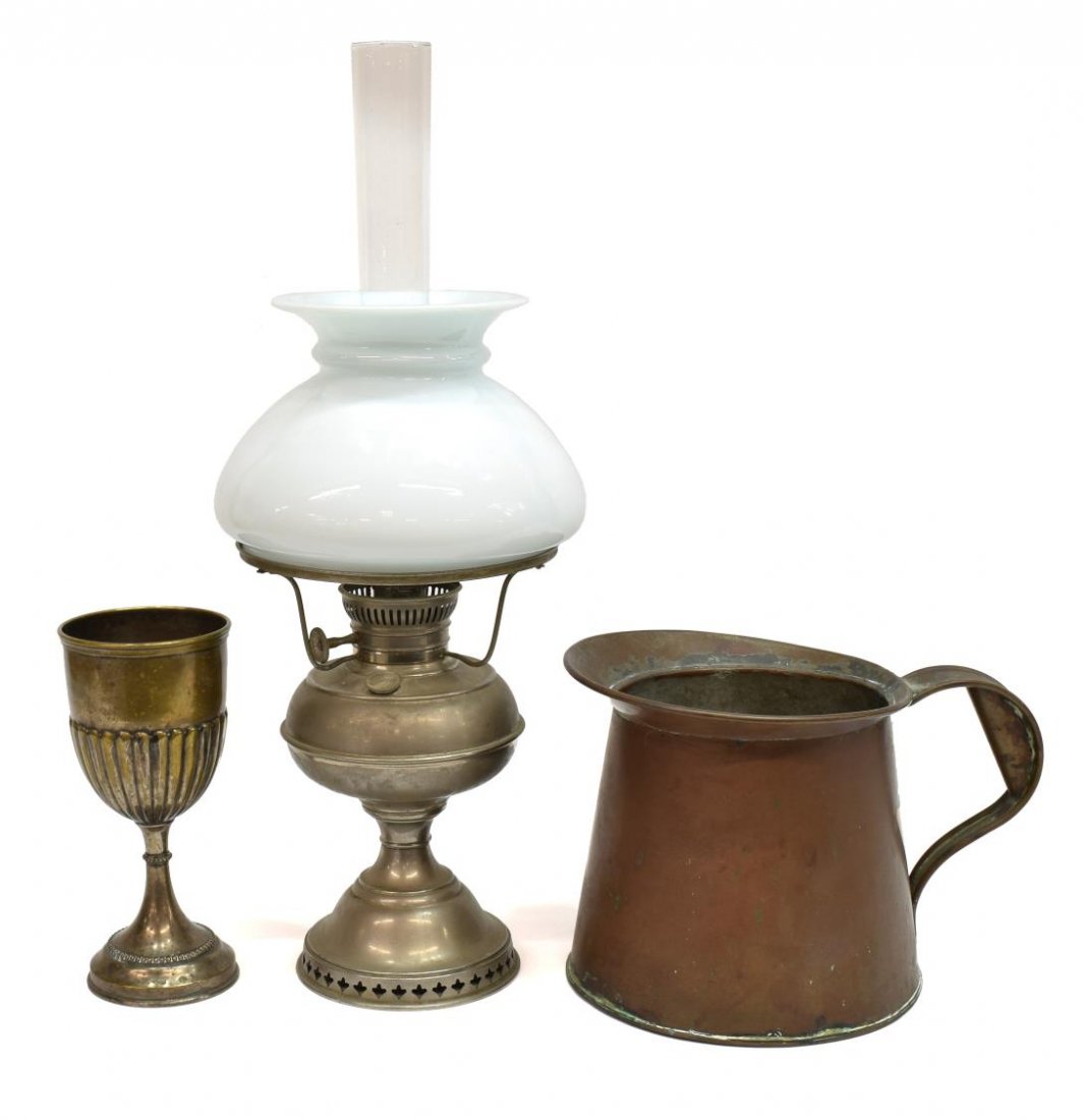 (3) ANTIQUE OIL LAMP, COPPER PITCHER & CHALICE (1 of 5)