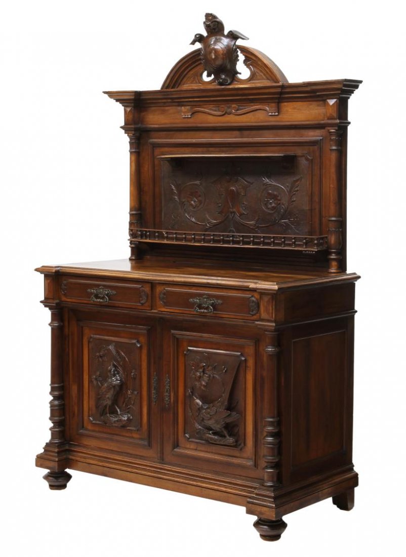 ANTIQUE RELIEF CARVED WALNUT SIDEBOARD, 19TH C. (1 of 5)