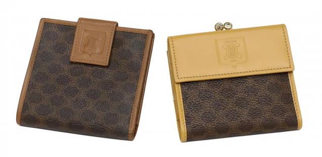 (2) CELINE MONOGRAM CANVAS & LEATHER WALLETS: ( lot of 2) Celine leather and coated monogram canvas wallets; (1) having gilt metal trim on a coin pocket, the other side with embossed logo on the flap, opening to card slots and bill holder, 3.5"h,