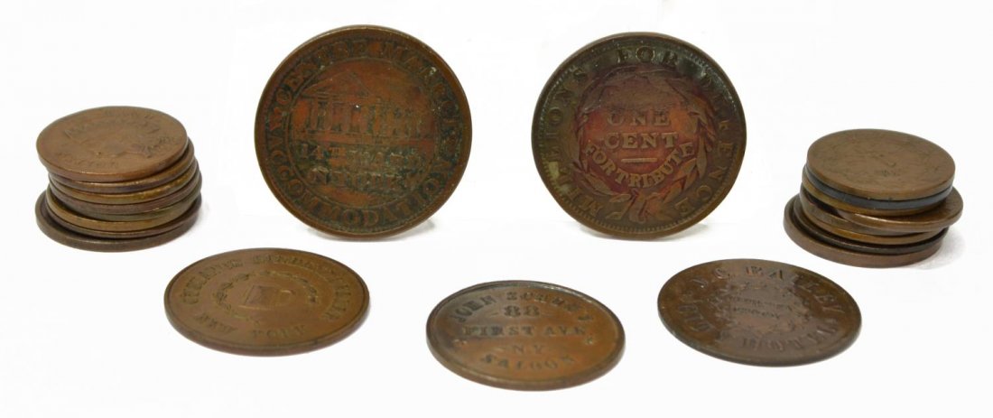 (27) U.S. CIVIL WAR ERA STORE TOKEN & OTHERS: (lot of 27) U.S. Civil War era store tokens or cards: (1) 1863 Indian Head, John Schuh's Saloon, 88 First Ave, N.Y.; (1) 1863 M.L. Marshall, Oswego New York, Toys, Fancy Goods, Fishing Tackle; (1) Ben