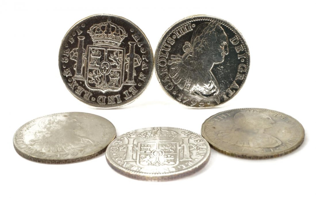 (5) SPANISH COLONIAL CAROLUS COINS, 8 REALES: (lot of 5) Spanish Colonial Carolus coins, eight reales silver, Mexico 1803, 1804, 1804, 1805, 1807 Start Price: $150.00