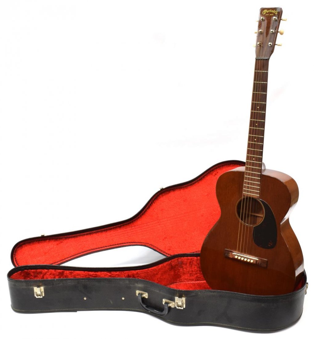 C.F. MARTIN MODEL 0-15 ACOUSTIC 1956 GUITAR: C.F. Martin & Co., 1956 acoustic guitar, Model O-15, small all mahogany body, six strings, rosewood bridge and finger board, black hard case, appears as in very good condition, SN 158679 Start Price: 