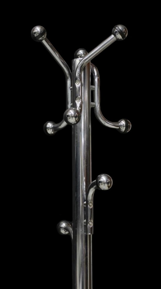 ITALIAN MODERN CHROMED STEEL STANDING HALLTREE: Italian modern chrome steel hall tree, c. 1970, tubular standard issuing arms terminating in spherical knobs at top and bottom, rising on a square marble base, approx 68"h Start Price: $80.00
