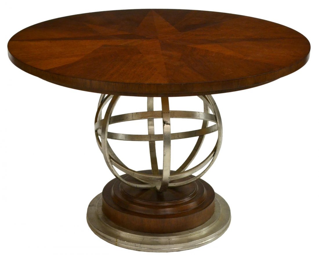 ITALIAN MID-CENTURY ROUND INLAID COFFEE TABLE: Italian mid-century modern round coffee table, c. 1960s, having a star-form inlaid top, above silvered iron orb, rising on two-part stepped circular wood and iron base, 17"h, 22.5" diam. Start Price: