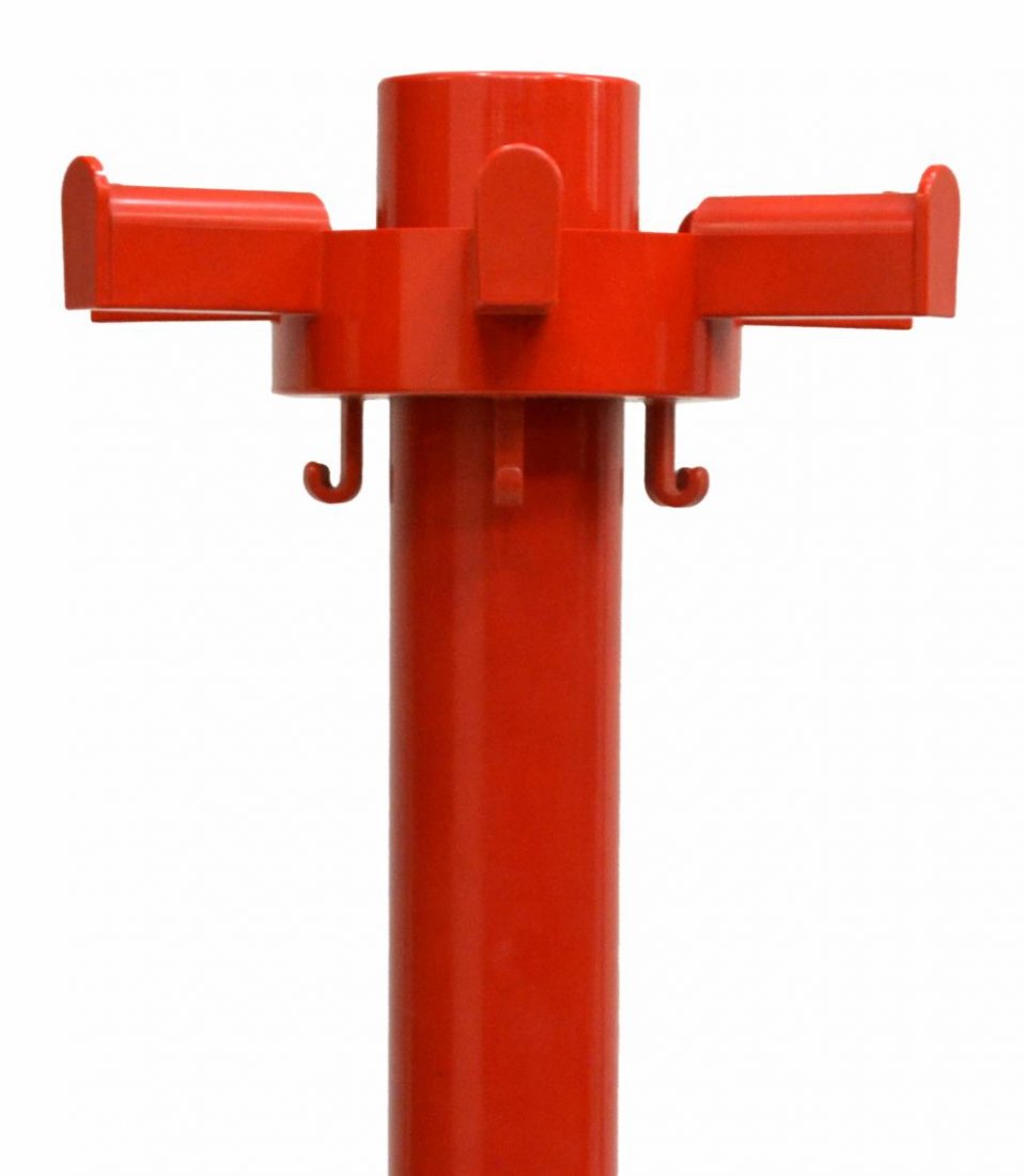 ITALIAN MODERN KARTELL RED PLASTIC HALL TREE: Italian modern Kartell hall tree, c.1970, red plastic body with circular top having hooks and knobs for hanging, standard rising on circular base, approx 65"h, 17.5"diam Start Price: $80.00