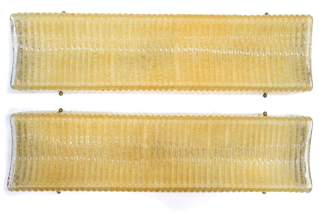 (2) BAROVIER & TOSO MURANO ART GLASS WALL SCONCES: (pair) Italian mid-century modern Murano art glass four-light sconces, c.1950, design by Barovier and Toso, both having gilt metal frames holding four light sockets, large ribbed and frosted glass sha