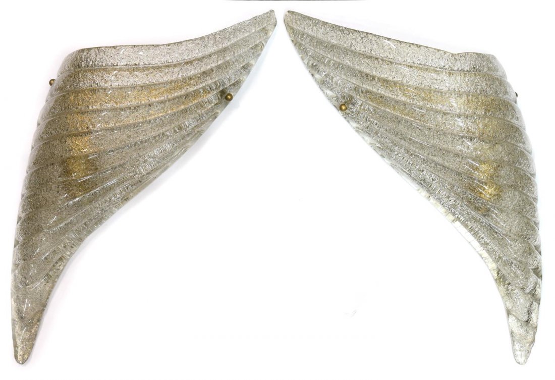 (2) ITALIAN MURANO BAROVIER & TOSO WALL SCONCES: (pair) Italian Murano art glass wall sconces, c.1950, design by Barovier and Toso, each having gilt metal frame holding single light socket, ribbed and frosted glass shade, rewired, approx 21.5"h, 7.5