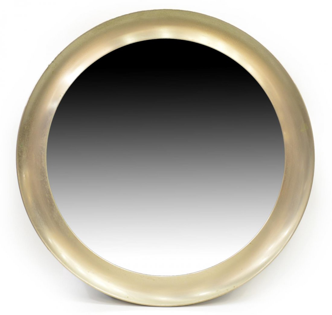 ITALIAN MID-CENTURY MODERN CIRCULAR WALL MIRROR: Italian mid-century modern chrome metal wall mirror, c. 1960, a raised chrome finish circular frame on a flat mirror plate, some marks to mirror plate, approx 23.5"diam, 23lbs Start Price: $80.00