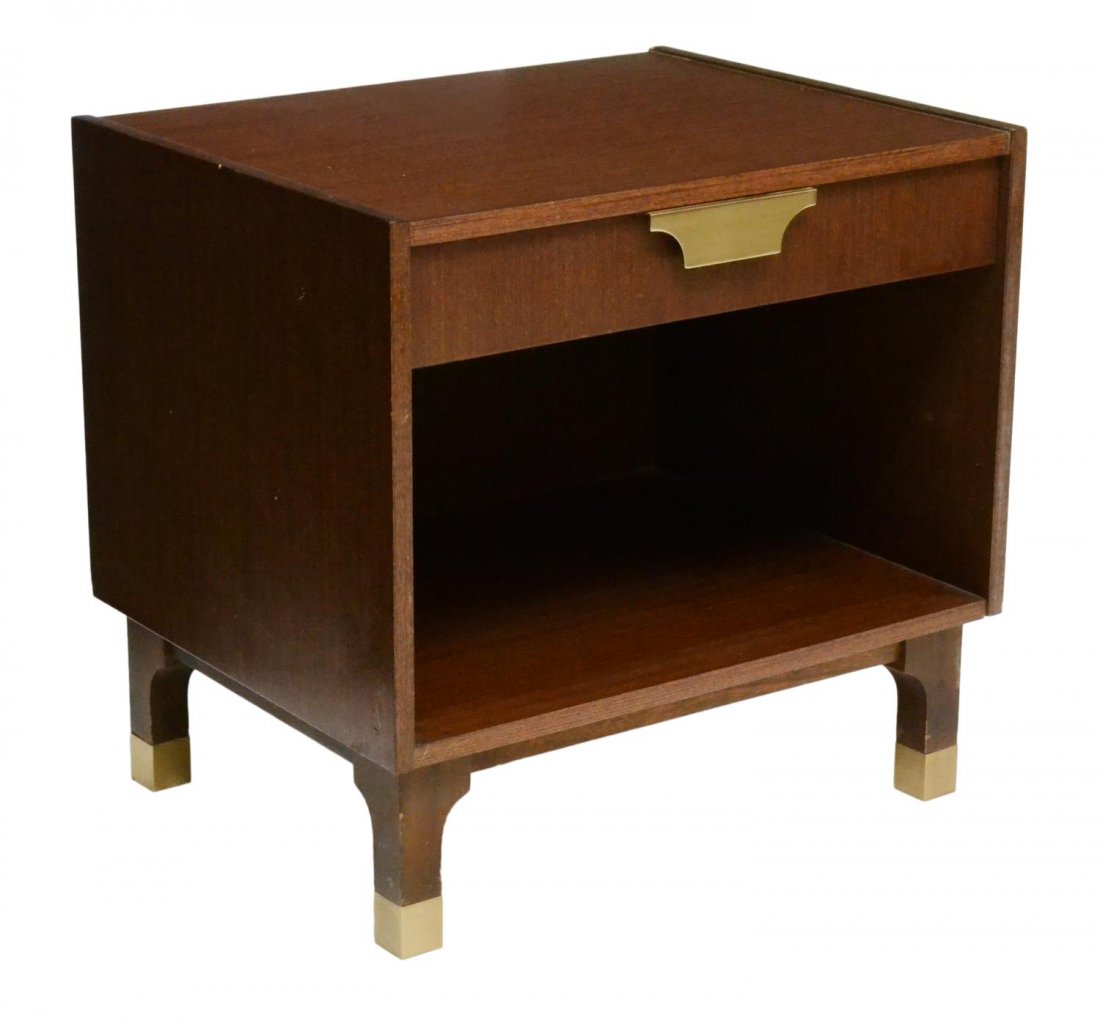 ITALIAN MID-CENTURY MODERN NIGHTSTAND, C. 1950S: Italian mid-century modern nightstand side table, c. 1950s, having a single drawer with brass pull over an open compartment, rising on squared legs with brass feet, 21"h, 22"w, 17"d Start Price: $100.