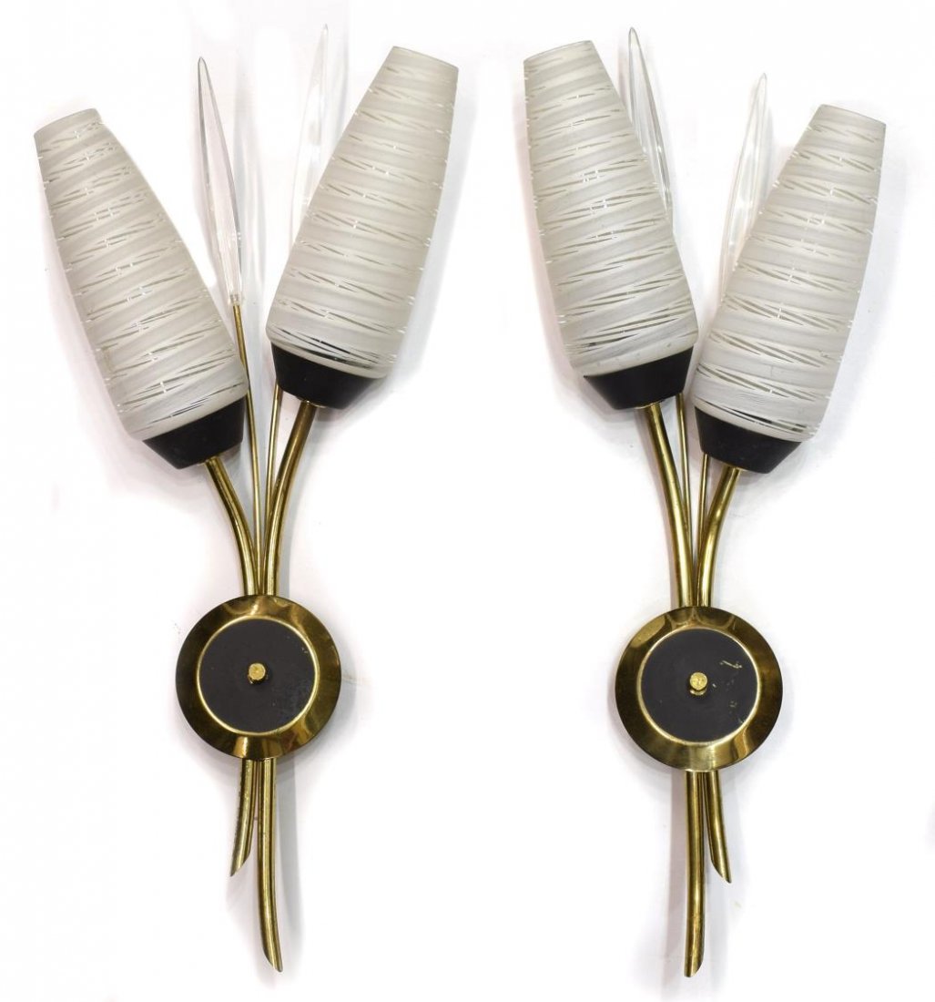 (2) FRENCH GILT METAL & ART GLASS WALL SCONCES: (pair) French gilt metal and art glass two-light wall sconces, c.1930, each having circular gilt metal base issuing two arms terminating in tapered frosted glass shades, glass prism accents, minor wea