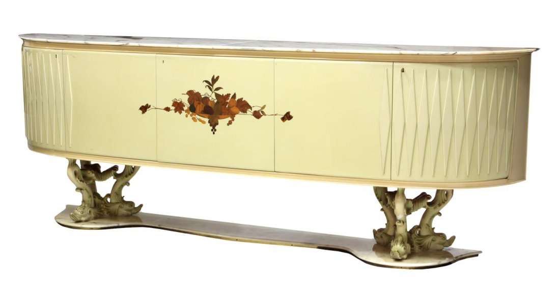 VITTORIO DASSI MARBLE AND DOLPHIN SIDEBOARD: Italian modern sideboard, design by Vittorio Dassi (Milan, 1893-1973), 1950's, a marble top above a demilune shaped case, having three doors, supported by carved dolphins rising on a shaped marble and
