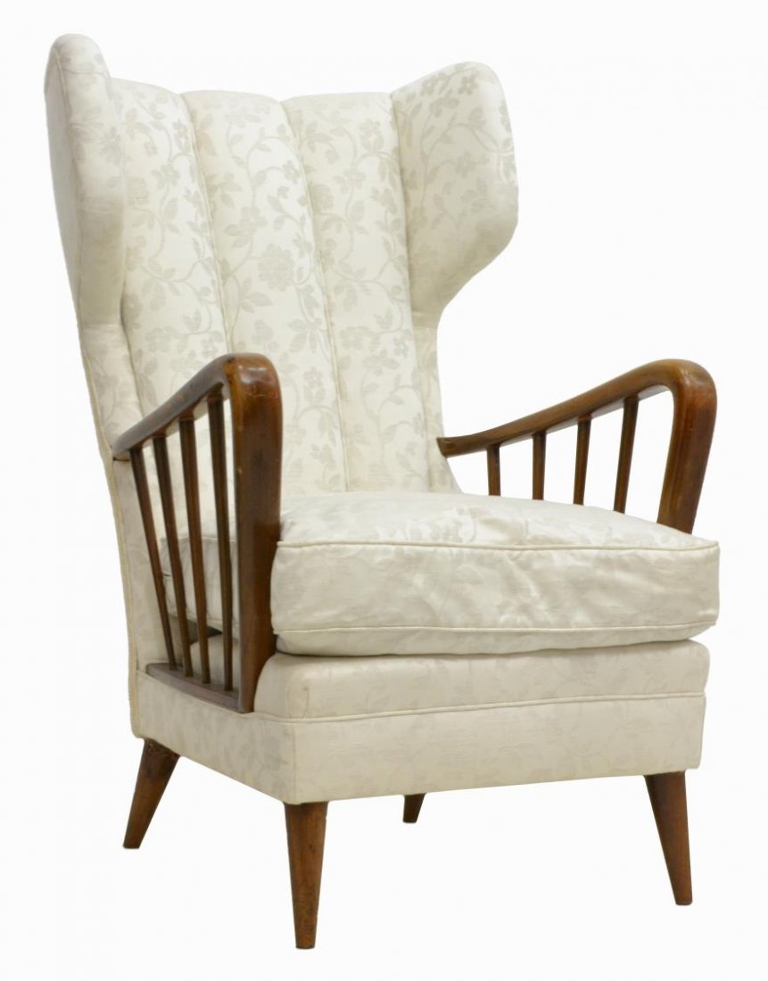 PAOLO BUFFA ITALIAN WINGBACK ARMCHAIR, C. 1950: Italian mid-century modern wingback armchair, c. 1950s, design by Paolo Buffa (Italian, 1913-2000) having a fluted back over a cushioned seat, spindled armrests, rising on short tapered legs, 39.5"h,
