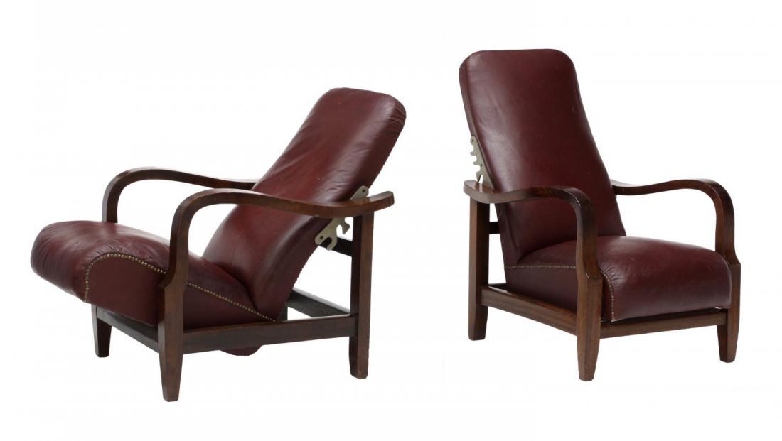 (2) BREVET EB BRUXELLES ROSEWOOD ARMCHAIRS: (pair) French leather armchairs, c. 1930s, retaining plaque reading "Brevet 387900 EB Bruxelles", the reclining leather upholstered back with rosewood armrests, rising on plain legs, 42"h, 29"w, 28"d 