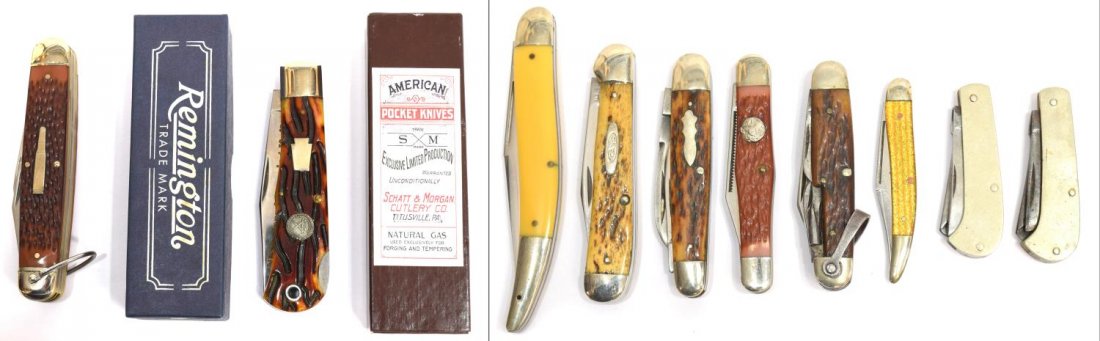 (10) POCKET KNIVES, REMINGTON, CASE: (lot of 10) Pocket Knives: (1) Remington Camp Bullet knife, new in box, #R-4243; (1) Schatt & Morgan Cutlery, new in box, #3L-NKM, November 2007, Grand Opening, single blade; (1) Case XX, #C249, two b