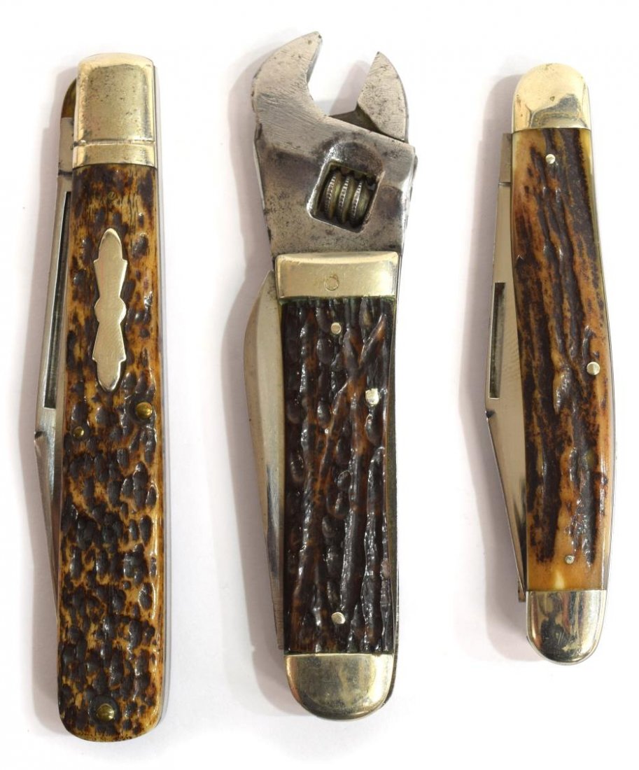 (3) VINTAGE CATTARAUGUS KNIVES & WRENCH 3-W: Cattaraugus Cutlery pocket knives: (1) Wrench Knife, #3-W, bottle opener/screwdriver blade, cutting blade, adjustable wrench; (1) #11849. lockback, bone handles, single 3.75"l blade, overall 4.5"l; (1