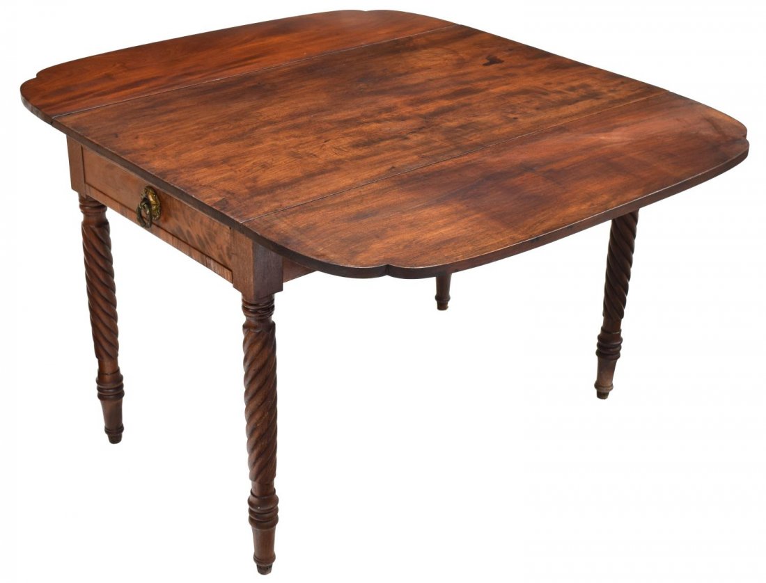 AMERICAN SHERATON MAHOGANY DROP SIDE TABLE: American Sheraton mahogany drop leaf table, 19th c., rectangular table top with two shaped leaves over single drawer, rising on four turned and twisted legs, casters, approx 27.5"h, 40"l, 23.5"w, exte