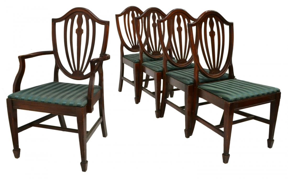 (5) HEPPLEWHITE STYLE DINING CHAIRS: (lot of 5) American Hepplewhite style chairs, 20th c., each having pierced shield backs, green fabric upholstered seat cushions, stretcher joined legs with spade feet, comprising: (1) arm chair, appro