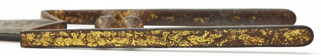 INDO-PERSIAN KATAR, GOLD DECORATED PUSH DAGGER: Indo-Persian Katar or push dagger, 19th c. the handles with remnants of gold decoration including panthers and deer, 10" double edge steel blade, tip broken: overall: 17"l, 1lb Start Price: $100.00