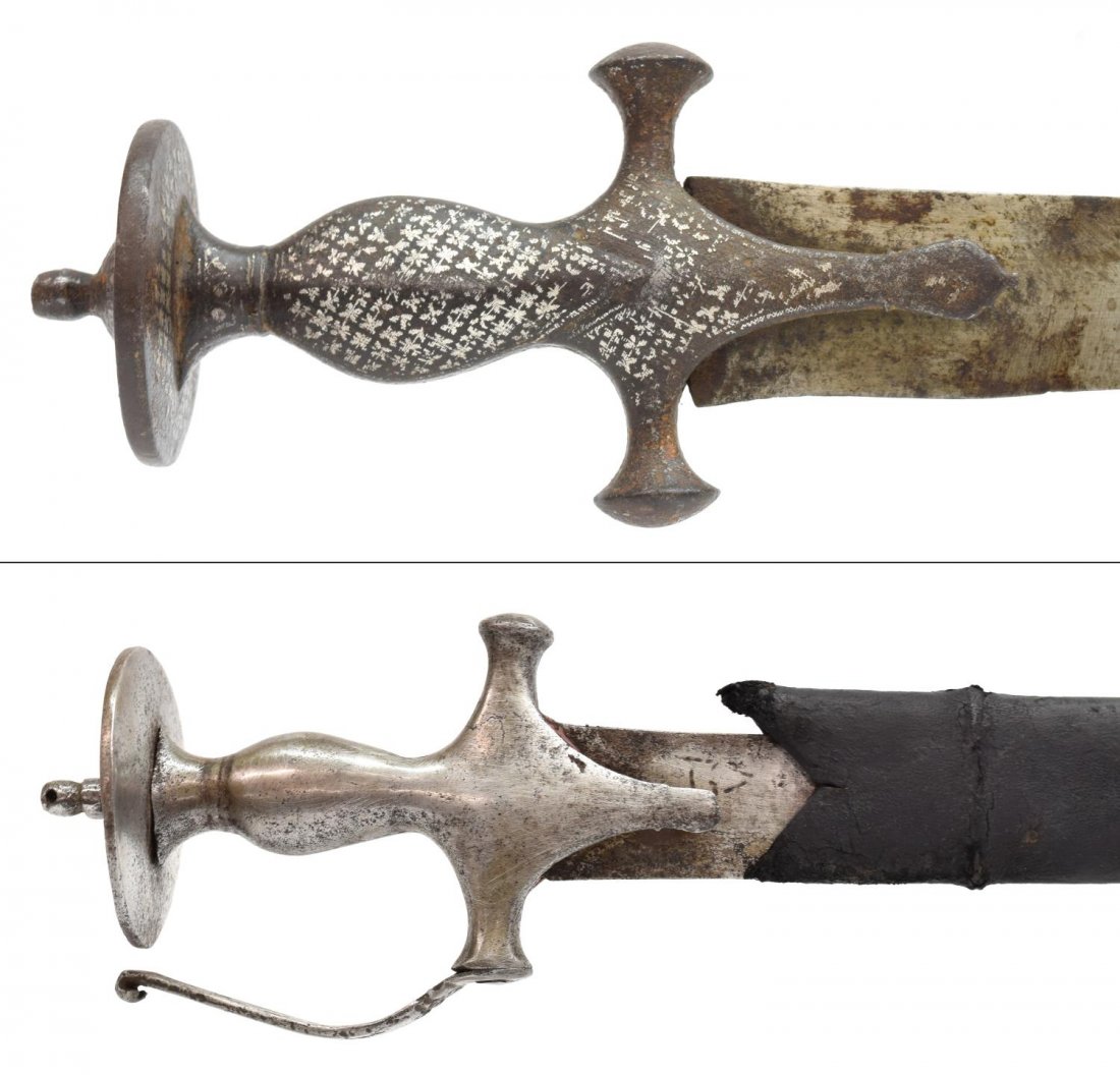 (2) INDO-PERSIAN 19TH C. SWORDS, SILVER INLAY: (lot of 2) Indo-Persian swords, 19th c., one with Koftgari silver inlay at handle, one with worn leather on wood scabbard, longest blade measured on curve: 30", total: 2.75 lbs. Start Price: $100.00