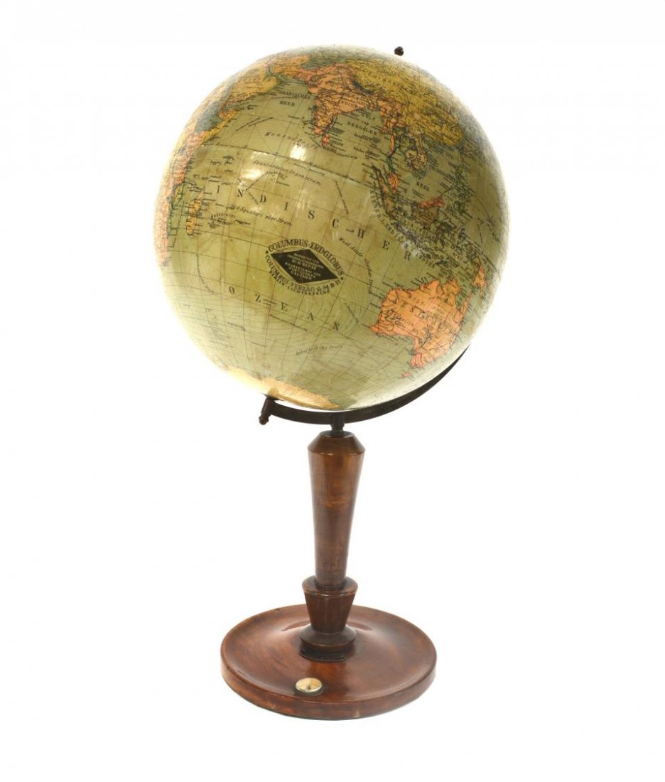 GERMAN COLUMBUS GLOBE ON WOOD STAND: German globe with stand, marked Columbus-Verlag GMBH, 20th c., turned wooden standard on circular base with conjoined compass, approx 24.25"h; 4.25lbs total Start Price: $300.00