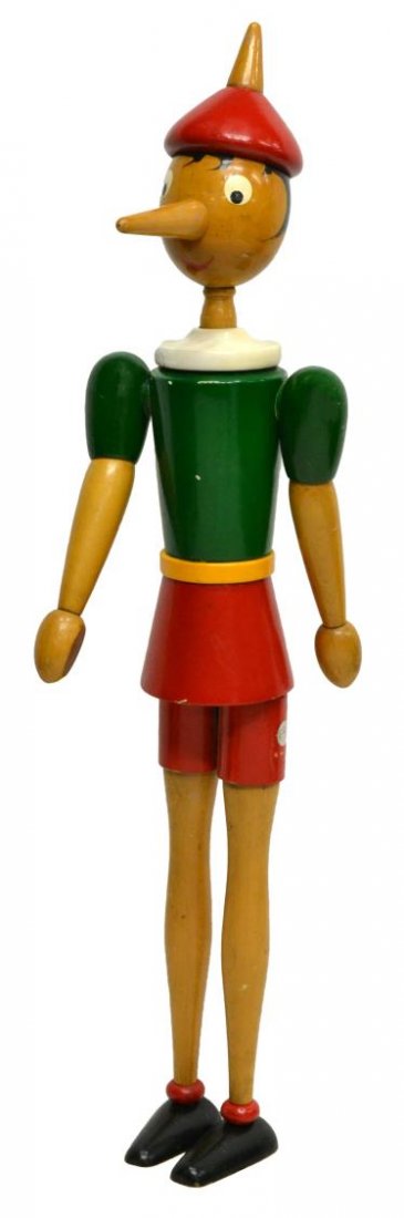 LARGE ARTICULATED PINOCCHIO FIGURE, 49"H: Carved and painted articulated wood figure, Pinocchio, 20th c., in multiple colors with a long nose, 49"h, 12"w, 12"d Start Price: $100.00