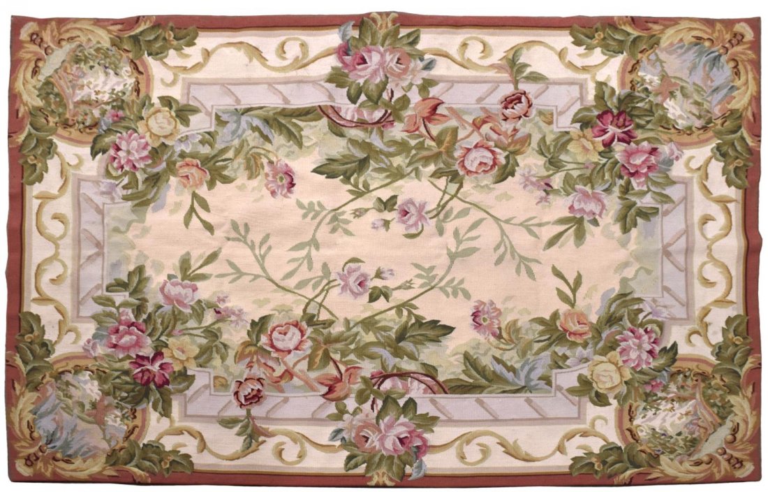 AUBUSSON NEEDLEPOINT RUG 6' x 4': Aubusson needlepoint rug, having acanthus leaf and floral border around a beige field, 6'l, 4'w Start Price: $150.00