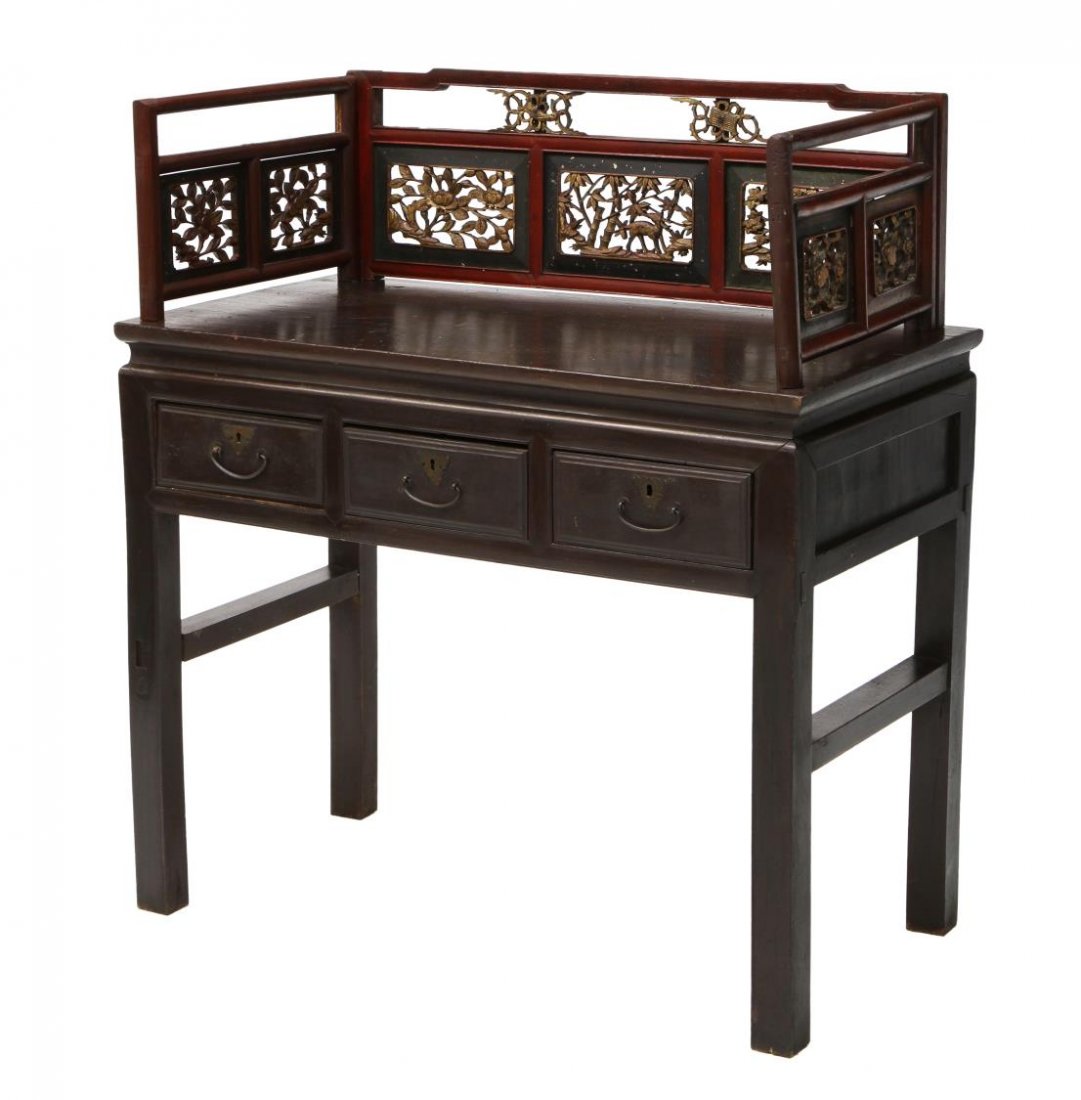 CHINESE PARCEL GILT GALLERY WORK TABLE: Chinese parcel gilt work table, a tall carved and pierced gallery having floral and animal carved panels, above three drawer table, rising on plain legs, 44"h, 39.5"w, 20"d *Provenance: Estate of Howa