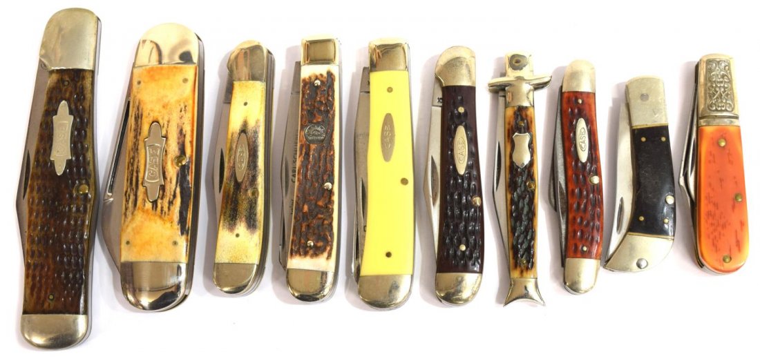 (10) POCKET KNIVES, CASE, SCHRADE, SCHLIEPER: (lot of 10) Pocket knives: (1) Case XX, #6318HP, three blades; (1) Case Tested XX, Coca Cola bottle handles, single blade; (1) Case XX, 1879 Bradford Centennial 1979, #5249SSP, two blades; (1) Case Br