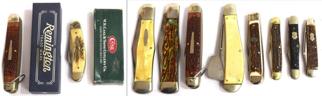(10) POCKET KNIVES, CASE, REMINGTON, KA-BAR: (lot of 10) Pocket knives: (1) Case XX new in box, Sowbelly Vintage, #VTB6339, three blades; (1) Remington Camp Bullet knife, new in box, #R-4243, four blades; (1) Imperial, one blade and hatchet; (1)
