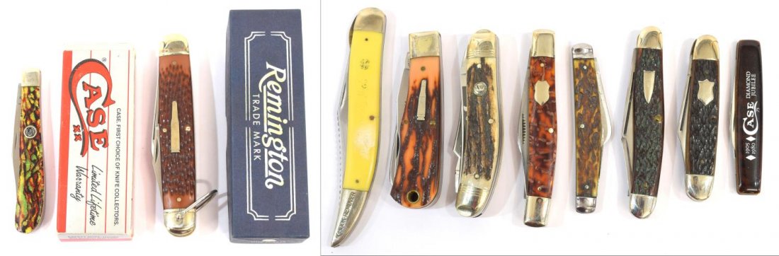 (10) POCKET KNIVES, CASE, REMINGTON, WINCHESTER: (10) Pocket knives: (1) Case XX new in box, #CT1048, single blade; (1) Remington Camp Bullet knife, new in box, #R-4243, four blades: (1) Winchester #3002, three blades; (1) Bertram Cutlery, #213DS, C
