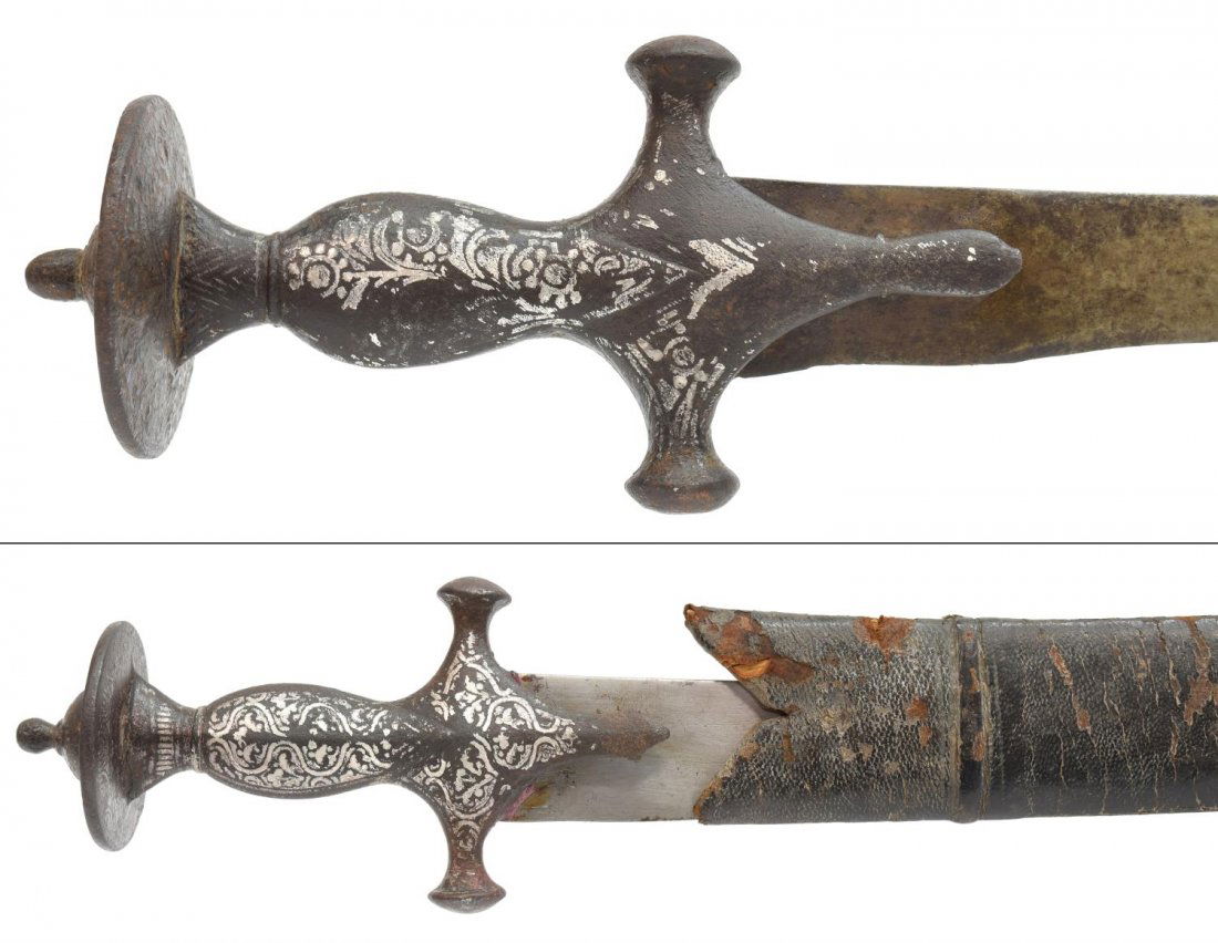 (2) INDO-PERSIAN 19TH C. SWORDS, SILVER INLAY: (2) Indo-Persian 19th c. swords, both with remnants of silver inlay at handle, one with worn and torn leather on wood scabbard, longest blade measured on curve: 31", total: 2.50 lbs Start Price: $100.